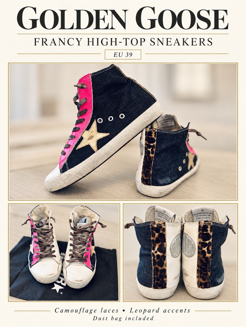 Golden Goose Francy High Top Sneakers EU 39 Pink Denim Leopard Camo + Dust Bag